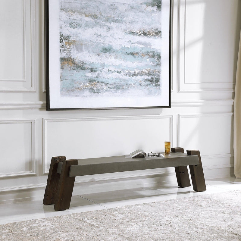 Bench with Concrete Look Top, Heavy Wood Legs, Slab Seat Construction.