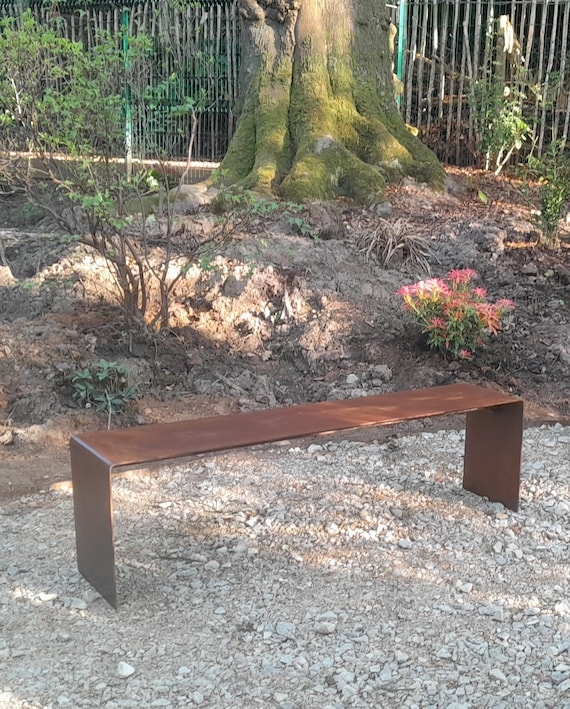Bench with Corten Steel Look, Oxidized Patina & Modern Geometric Style