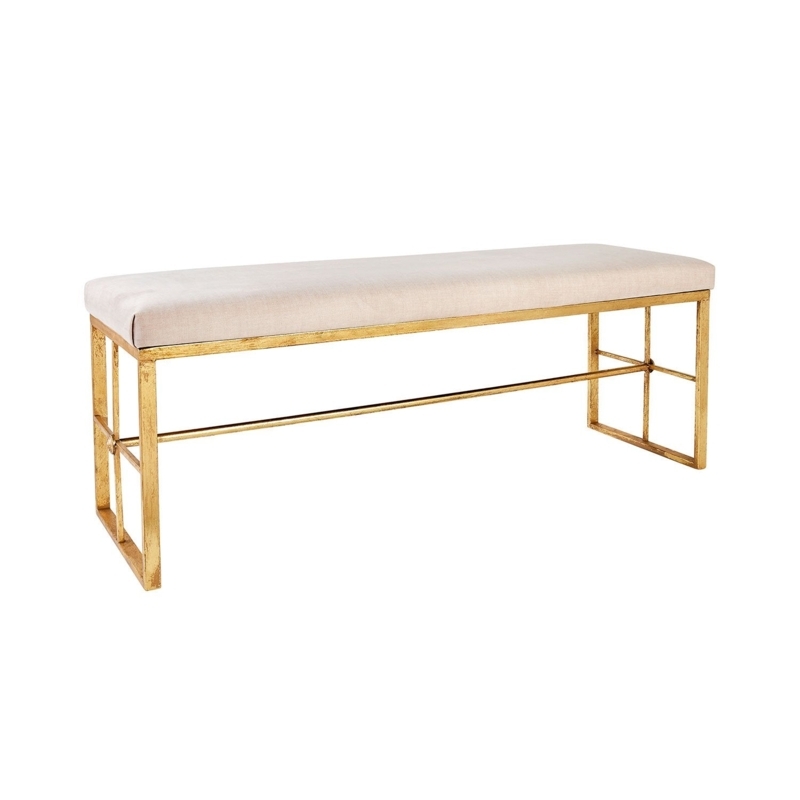 Bench with Cross-Brace Gold Frame and Slim Profile, Blush Upholstery
