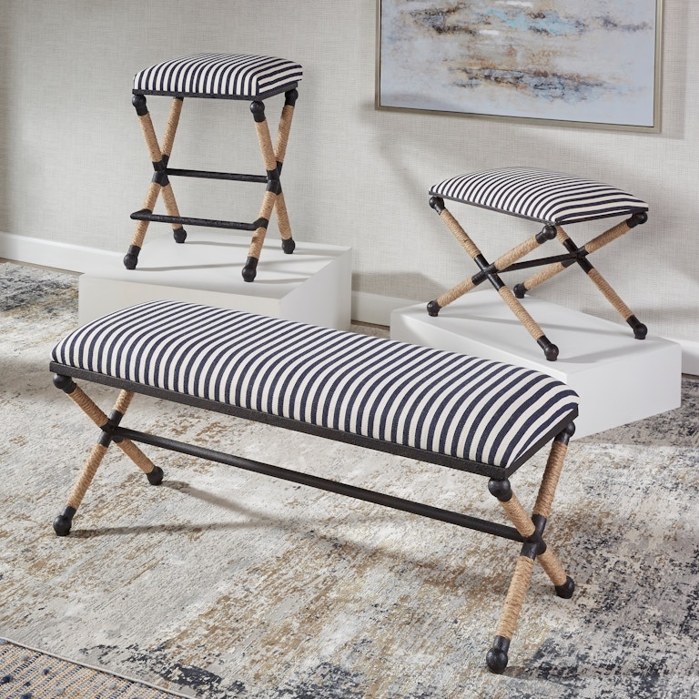Bench with Cross Stretcher, Navy Striped Entryway Bench