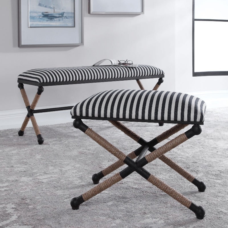 Bench with Flared Arms, Nautical Stripe Accent Seating