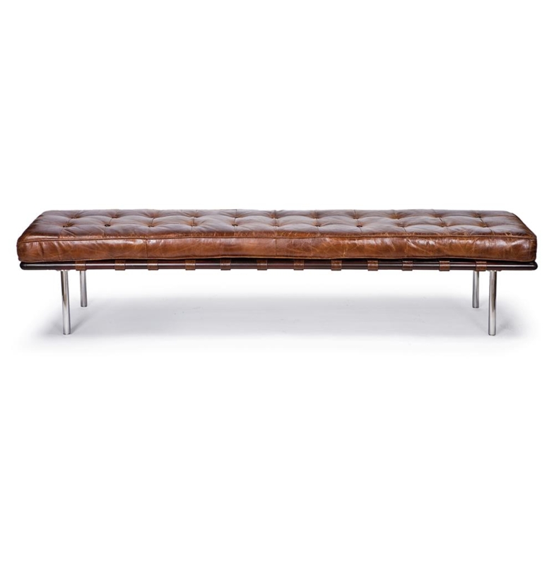 Bench with Leather Straps, Mid-Century Modern Button Tufted Seating