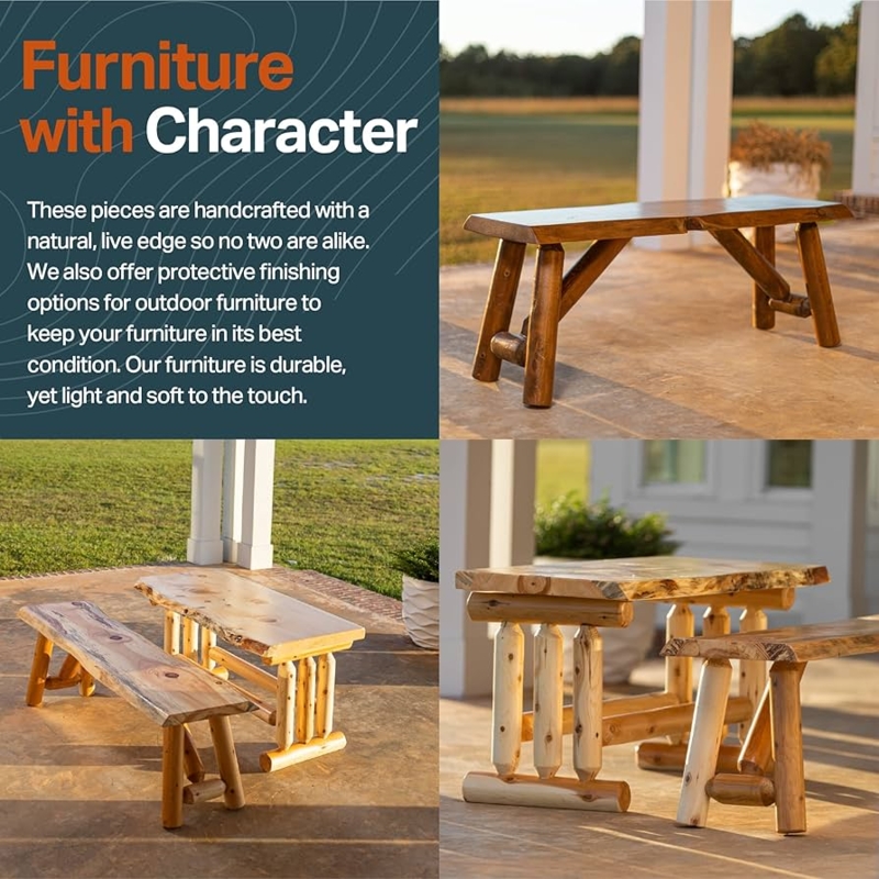 Bench with Live Edge Top and Log Base Construction, Rustic