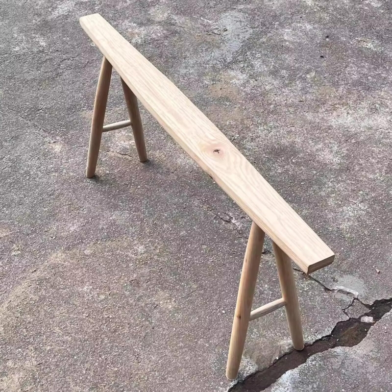 Bench with Narrow Profile and Splayed Legs, Minimalist Natural Wood