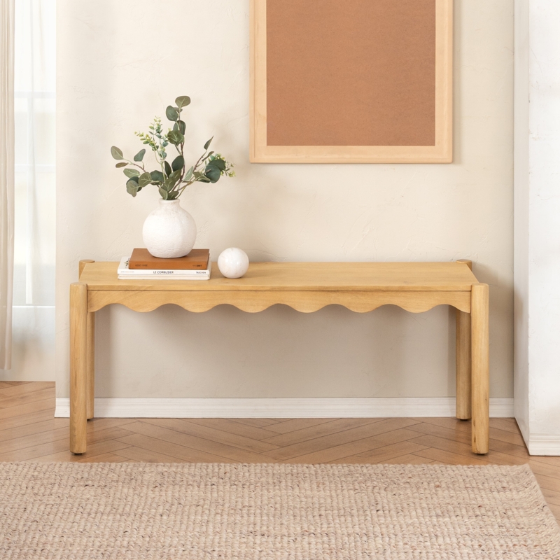 Bench with Scalloped Apron, Cylindrical Legs, Light Blonde Wood