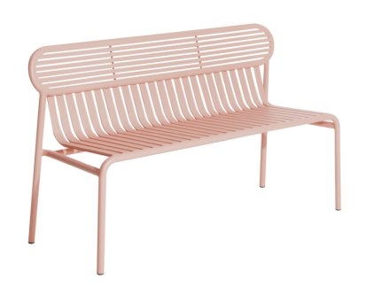 Bench with Slatted Design and Pill-Shaped Backrest in Blush Metal