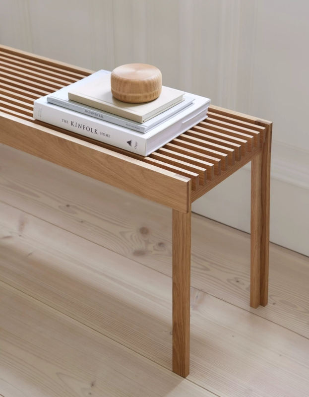 Bench with Slatted Top and Linear Legs, Scandinavian Minimalism