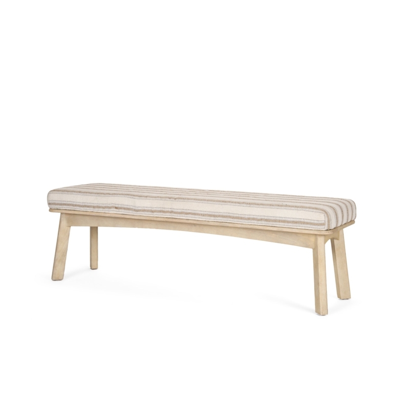 Bench with Striped Upholstery, White Washed Wood, Splayed Legs