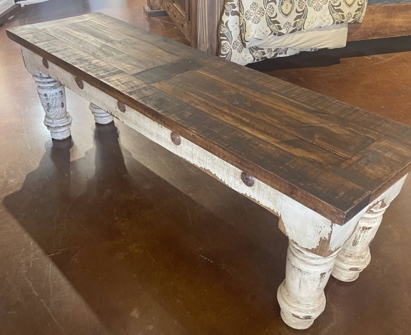 Bench with Sturdy Block Legs and Rustic Whitewashed Finish