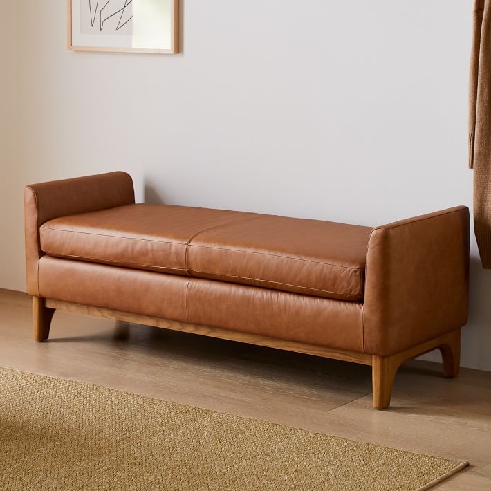 Bench with Wood Base, Low Rounded Arms, Tan Leather-Like Upholstery