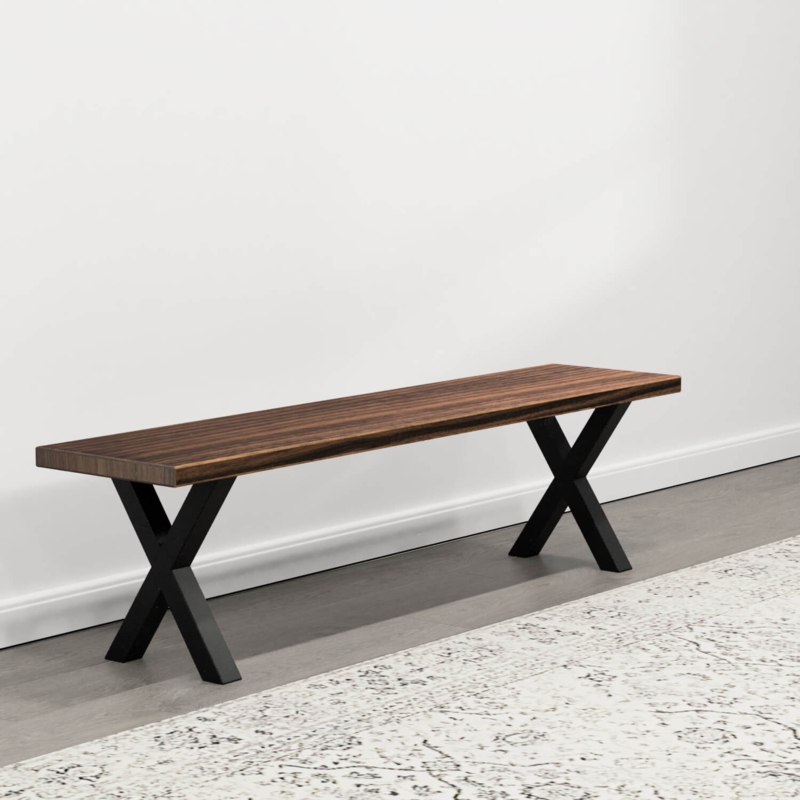 Bench with Wood Seat and Black Metal X-Legs, Industrial Style