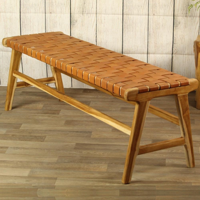 Bench Woven Leather Seat Teak Look Frame Mid-Century Style