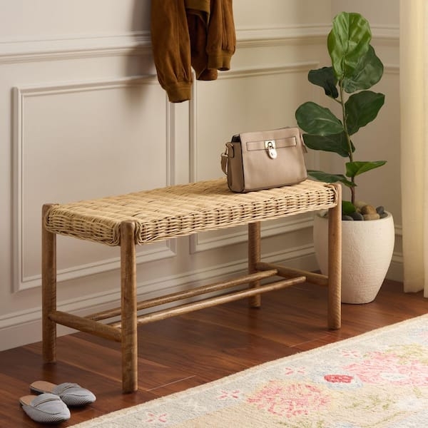 Bench Woven Rattan Seat Natural Mango Wood Frame Straight Legs Boho