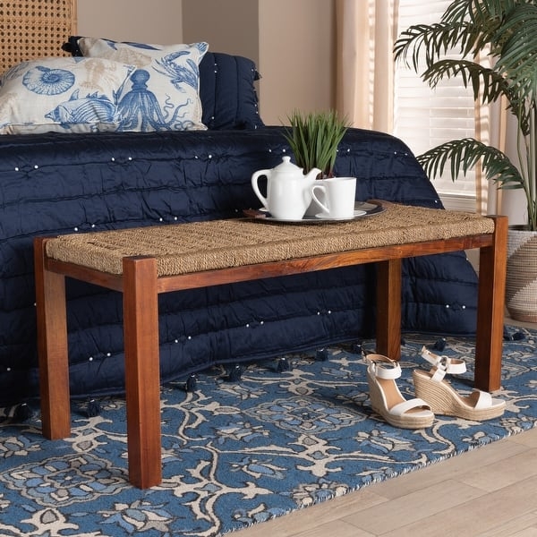 Bench Woven Seagrass Seat Mahogany Wood Frame Mid-Century Modern
