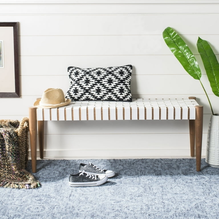 Bench Woven Seat White Straps Wood Tapered Legs Coastal Accent