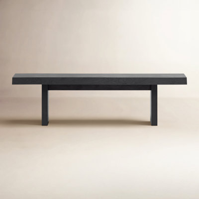 Bench Woven Strap Seat Black Leather-Like Mid-Century Modern Wood