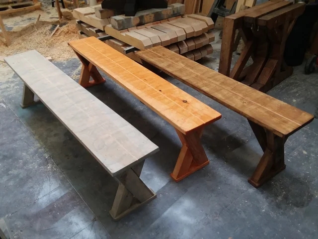 Bench X-Base Legs Plank Top Handcrafted, X-Base Wooden Entryway Bench