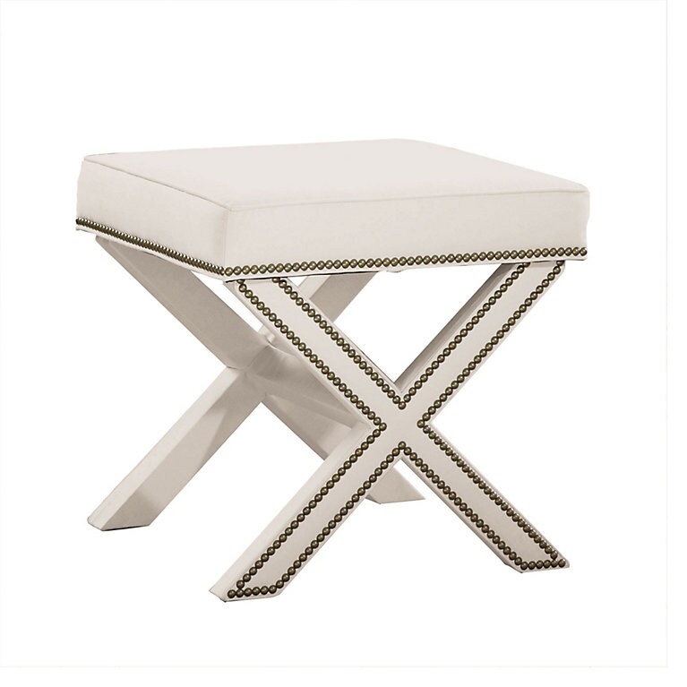 Bench X-Shaped Base Patterned Upholstery Nailhead Trim Dark Wood