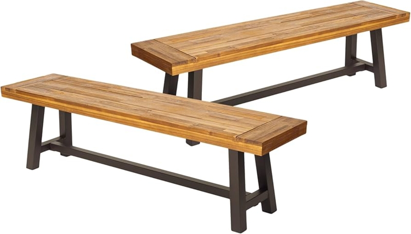 : Benjara Leslee Outdoor Bench Set of 2- Light Brown Wood- Black  Metal- 63 Inch : Patio, Lawn & Garden