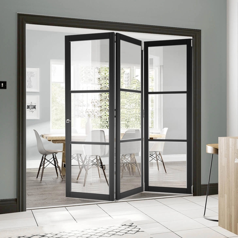 Bifold Room Divider Clear Glazing Black Frame Modern Folding Doors