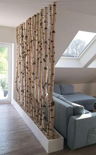 Birch Log Room Divider with Planter Base, Natural Wood Partition