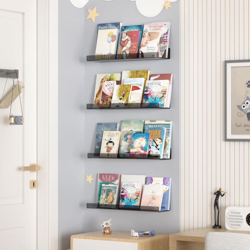 Black Acrylic Floating Shelves Set of 3 for Modern Bookshelves