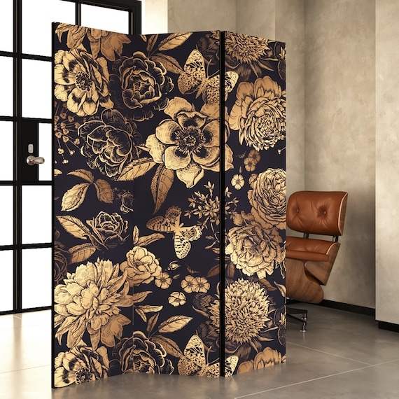 Black and Gold Floral Room Divider, Maximalist Botanical Screen