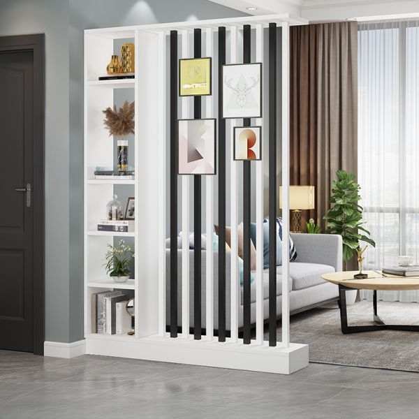 Black and White Room Divider, Alternating Slats and Shelving