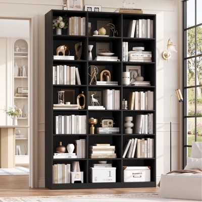 Black Bookcase, Asymmetric Shelving Dividers, Modern Library Wall Storage.