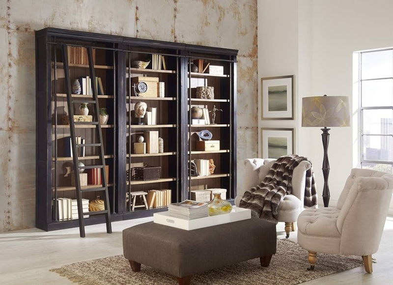 Black Bookcase Wall Rolling Library Ladder Aged Finish Home Office