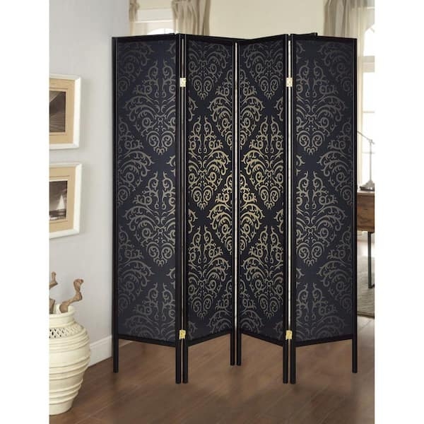 Black Damask Room Divider with Ornate Metallic Scrollwork