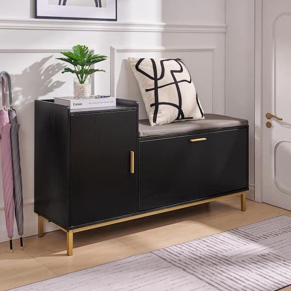 Black Entryway Bench Shoe Storage with Gold Legs and Asymmetrical Design