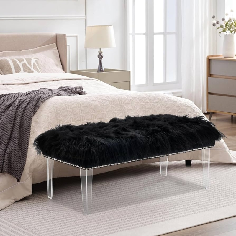 Black Faux Fur Bench Acrylic Legs Silver Nailhead Trim