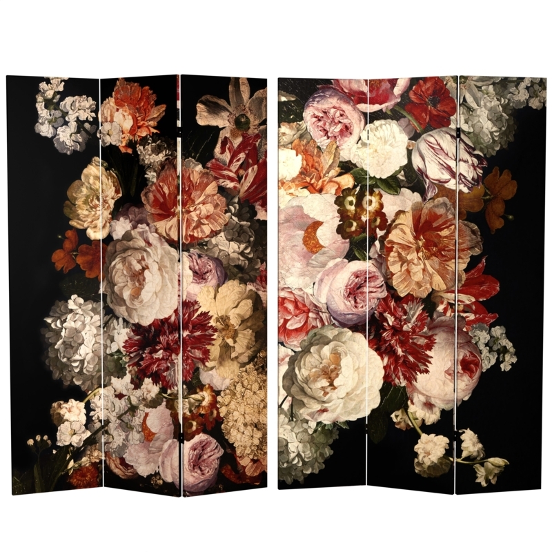 Black Floral Six-Panel Room Divider, Vintage Botanical Screen