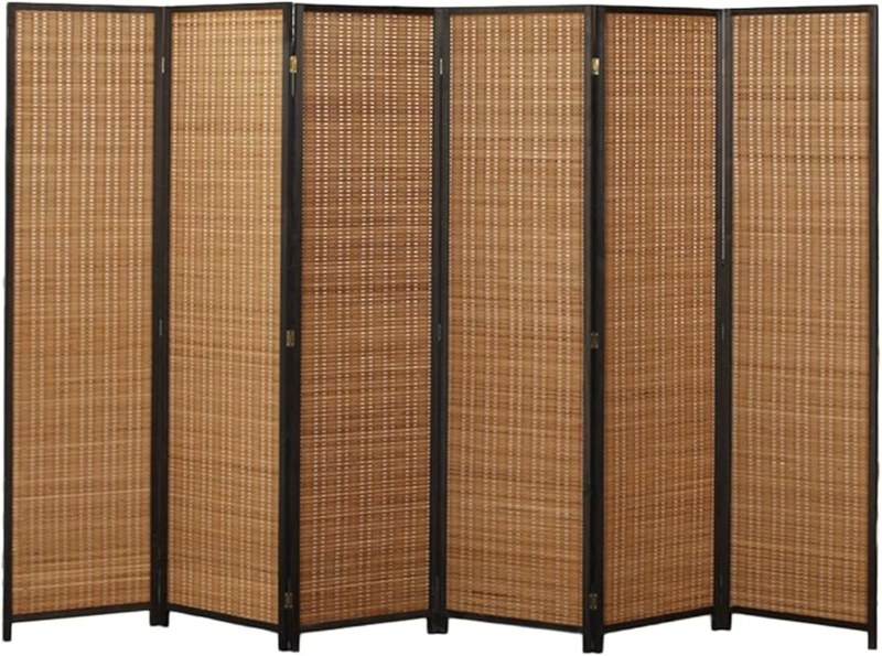 Black Frame 6-Panel Room Divider Woven Bamboo Folding Screen