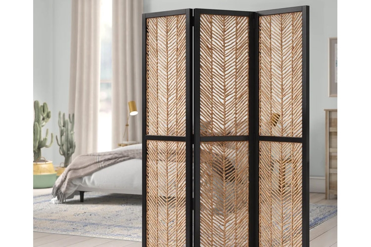 Black Frame Folding Screen Woven Herringbone Pattern Natural Fiber