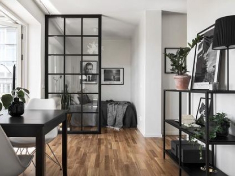 Black Grid Divider Industrial Glass Partition Studio Apartment