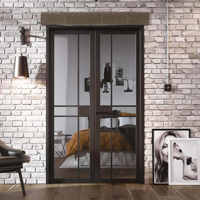 Black Gridded Glass Doors Industrial Room Divider Slim Frame