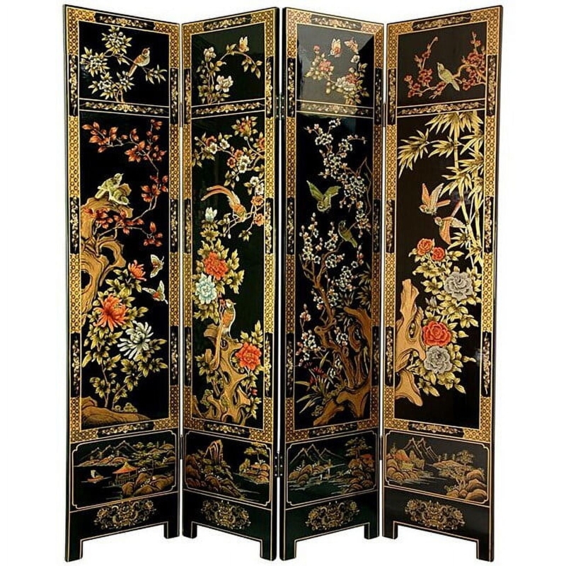 Black Lacquer Room Divider Four Panel Chinoiserie Floral