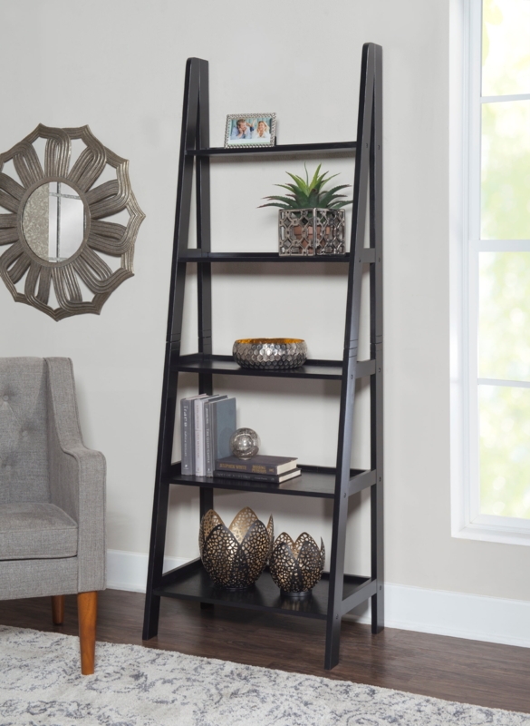 Black Leaning Ladder Bookcase Graduated Shelves Contemporary Style