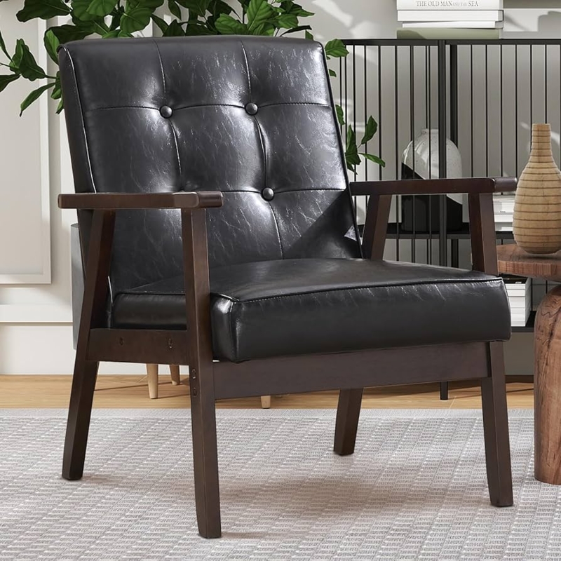 Black Leather Accent Chair Wood Frame Retro Angular