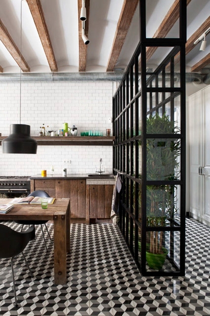 Black Metal Glass Partition Geometric Floor Tiles