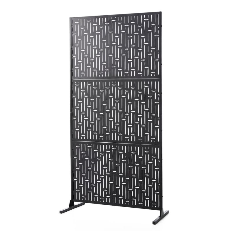 Black Metal Room Divider Laser-Cut Bamboo Pattern Screen