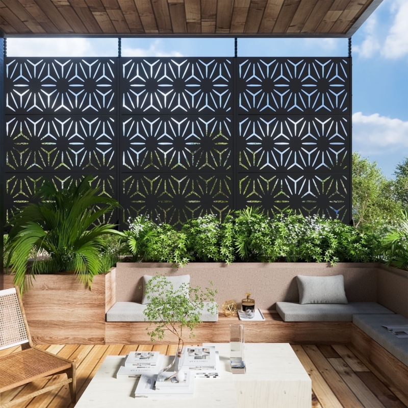 Black Privacy Screen with Geometric Starburst Pattern and Planter