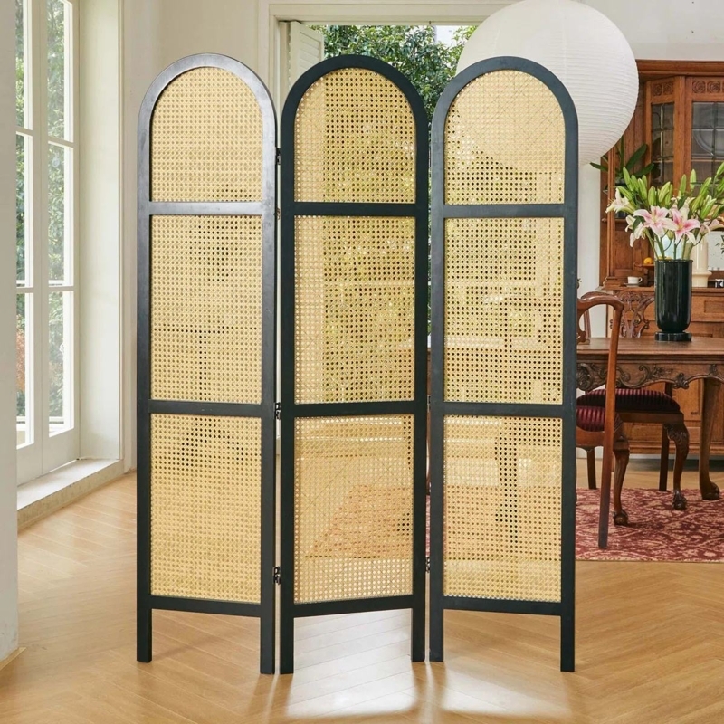 Black Room Divider with Arched Tops and Cane Webbing