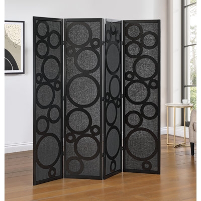 Black Room Divider with Geometric Circle Overlay Pattern, Folding