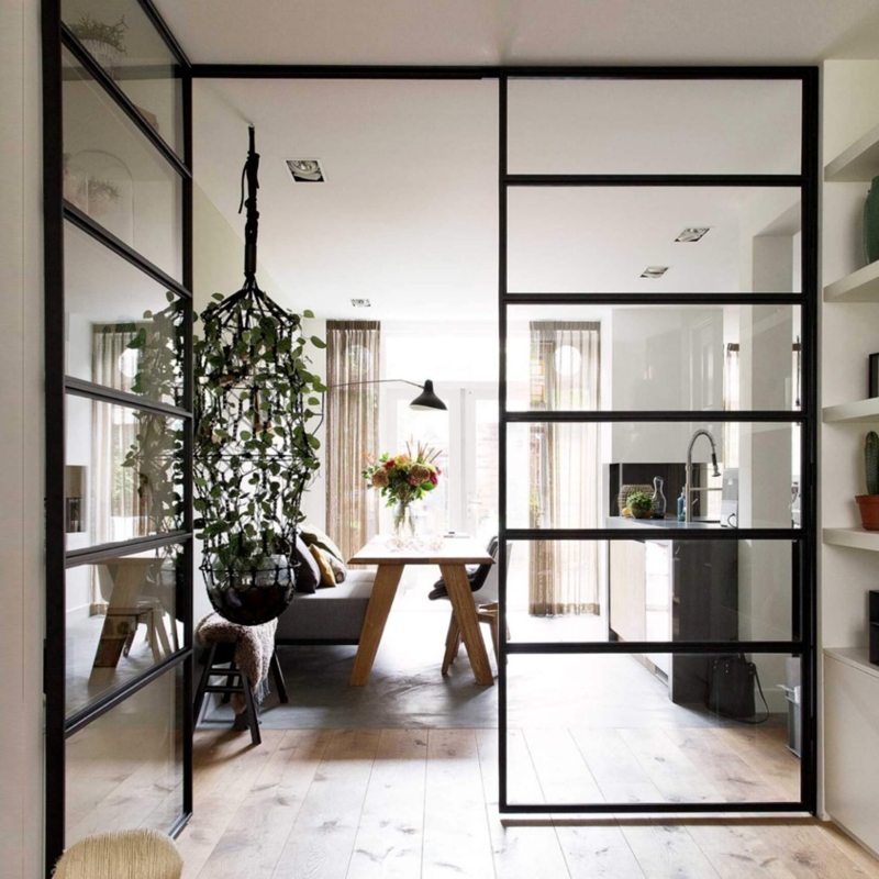 Black Steel Glass Partition Horizontal Grid Floor to Ceiling