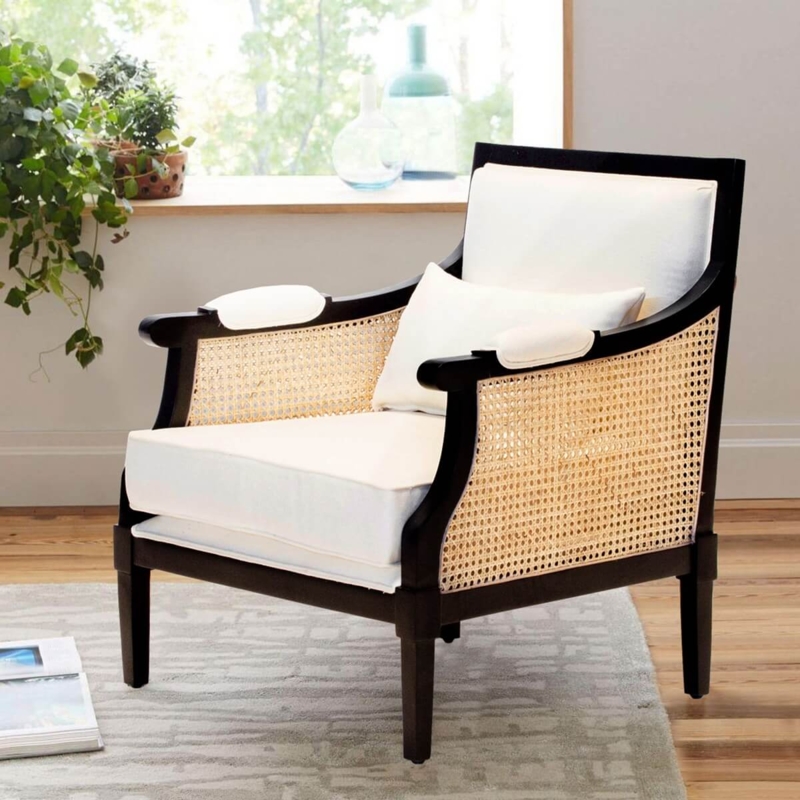 Black Wood Frame Chair with Woven Cane Sides and Off-White Cushion