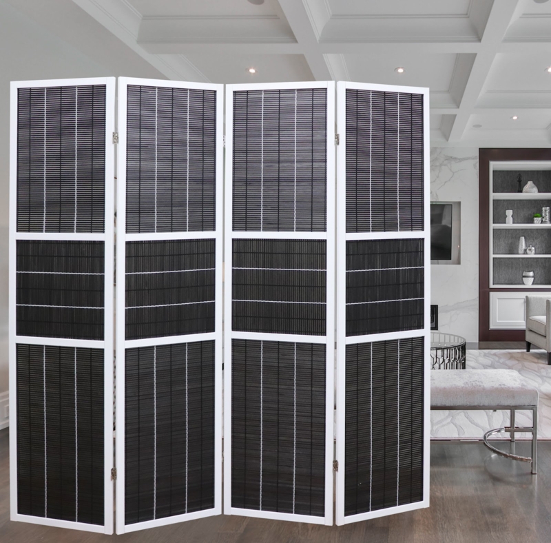 Black Woven Room Divider 4-Panel White Frame Folding Screen