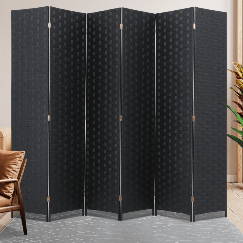 Black Woven Room Divider with Six-Panel Folding Design